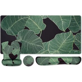 MOSISO Keyboard Mouse Pad Set,Large Gaming Mouse Pad&Keyboard Wrist Rest&Mouse Wrist Rest&Coaster,Ergonomic Non-Slip Leaf Mousepad with Raised Memory Foam for Home Office, Tropical Palm Leaves