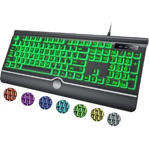Large Print Backlit Keyboard, 7-Color LED, USB Wired, Oversize Letter Keys with Wrist Rest Support for PC, Laptop