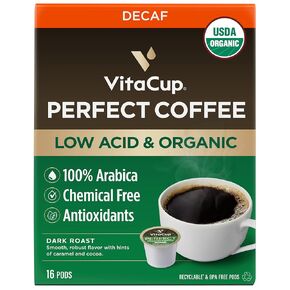 Vitacup Organic Perfect Dark Roast Decaf Coffee Pod للحصول على طاقة نقية ونظيفة ، مضادات الأكسدة ، حمض منخفض ، أصل بيرو واحد في أحادية القابلة لإعادة التدوير SED SED FOD مع KEURIG K-CUP BREWERS ، 16CT