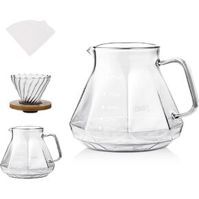 Pour Over Coffee Maker Set - Borosilicate Glass Dripper with Walnut Handle & Glass Lid, 50 pcs V60 Paper Filters Included - 600ml Pour Over Coffee Dripper for Home, Café, & Camping (Transparent)