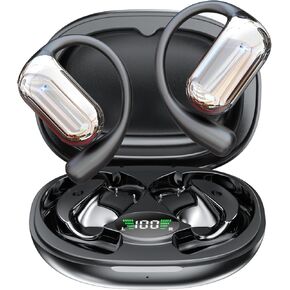 Open Ear Bluetooth 5.4 Earbuds Black Wireless Headphones Sport Over Earphones Built-in Mic with Ear Hooks 50H Playtime Ear Buds LED Display Charging Case, Waterproof Design for Running Fitness