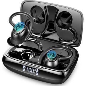 Wireless Earbud Sport, Wireless Headphones Bluetooth 5.3 Over Ear IP7 Waterproof, In Ear Wireless Earphones Sports with Dual LED Display, Bass Over Ear bud with Earhook for Workout/Running/Gym, Black