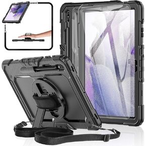 Tablet Case for Samsung Galaxy Tab S8 Plus 2022/S7 FE/S7 Plus 5G 12.4-inch [with Tempered Glass Screen Protector], [Shockproof],Rotatable Kickstand,S Pen Holder,Hand/Shoulder Strap (Black)