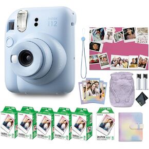 Fujifilm Instax Mini 12 Instant Camera Pastel Blue Holiday Bundle 2024 with Fuji Instax Mini Film Value Pack (100 Sheets) + Microfiber Cleaning Cloth