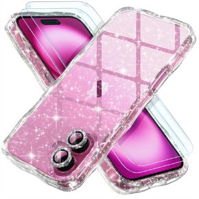 Choiche Compatible for iPhone 16 Plus Case, Women Clear Cute Glitter Phone Case, Wavy Bumper Cover [2 x Diamond Camera Lens Protectors] [2 x Tempered Glass Screen Protectors] 6.7’’(Glitter Clear)