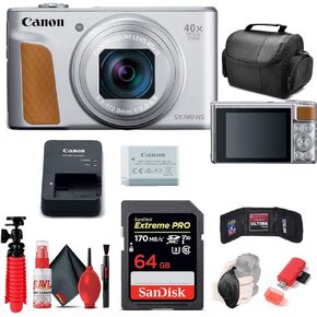Canon PowerShot SX740 HS Digital Camera (Silver) (2956C001) + 64GB Memory Card + Card Reader + Deluxe Soft Bag + Flex Tripod + Hand Strap + Memory Wallet + Cleaning Kit (Renewed)