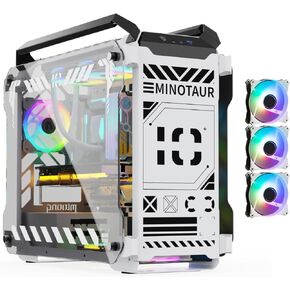 Mino Open-Frame ATX Gaming Case – Industrial Design, Tempered Glass Panels, High Airflow, ARGB Lighting, USB-C Port (Black/White/Print Stream, with Fans Only)
