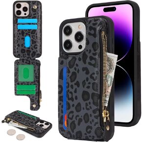 Cavor for iPhone 14 Pro Max Case with Card Holder,for iPhone 14 Pro Max Wallet Case for Women Men,Phone Case for iPhone 14 Pro Max Case with Wallet,Leather Zipper Pocket Cover-Leopard Black