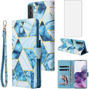 Asuwish Compatible with Samsung Galaxy S22 5G Wallet Case and Tempered Glass Screen Protector Leather Flip Card Holder Kickstand Cell Accessories Phone Cover for Gaxaly S 22 22S G5 Women Men Blue