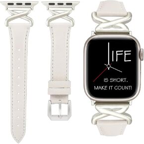 Leather Bands Women Compatible with Apple Watch 40mm 38mm 44mm 45mm 41mm 42mm 46mm 49mm Dressy Slim Strap With Designer X-Shaped Metal Crown for iWatch Series Ultra/SE/10/9/8/7/6/5/4/3/2/1 Starlight