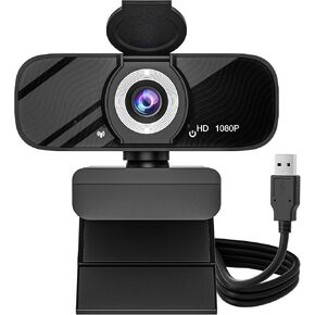USB HD Webcam with Built-in Microphone and Rotatable Tripod, 1080P Video, Wide Angle Camera, Privacy Cover, for Desktop PC or Laptop Computer（Black）