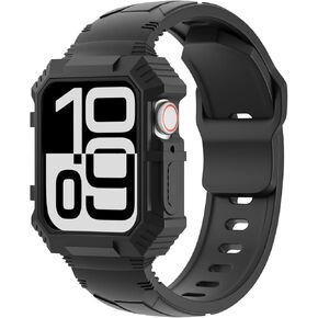 Rugged Silicone Sport Band with Case Compatible with Apple Watch Bands 38mm 40mm 41mm 42mm 44mm 45mm 46mm, Shockproof Protective Bumper Cover Strap for iWatch Series 10/9/8/SE/7/6/5/4/3/2/1