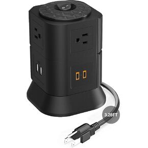 6 منفذ تبرج شريط البرج مع 4 منافذ USB (2 USB C & 2 USB A) ، برج شريط الطاقة المحمي مع سلك التمديد 3.28 قدم ، Type C Power Tower مع حماية الزائد ، الأسود