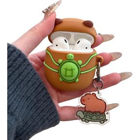 Case Compatible with 2024 Airpods 4, Cute Kawaii Turtle Capybara Design Portable Cartoon Earbuds Accessories Soft Silicone Wireless Earphone Shockproof Protector with Keychain