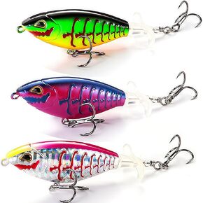 Hviomru's 3Pcs Whopper Fishing Lure for Bass Popper Top Water Fishing Lures with Floating Rotating Tail Barb Treble Hooks in Saltwater Freshwater Plopping Lures Kit