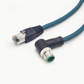 3.28ft M12 4 Pin D Code Male Right Angled to RJ45 Male High Flex Cat6 Ethernet Cable, RJ45 to M12 Industrial Connector Cable Shielded Field Wireable Cable Assembly for Automation Application 1Meter