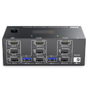 KVM Switch, USB3.0 KVM Switch 3 Monitor Outputs Extension, Video Wall Display Easy Switching, Smooth Image, Black Metal (Black #AU)