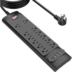 HITRENDS Surge Protector Power Strip - Flat Plug Extension Cord with 12 Outlets and 3 USB Ports & 1 USB-C Port (5V/3A), 6 Feet Power Cord, Spaced Outlets & ETL Listed Power Outlet for Home Office