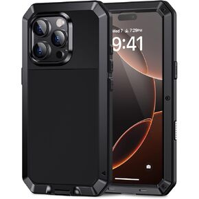 Lanhiem for iPhone 16 Pro Max Case, Metal Heavy Duty Shockproof Tough Rugged Case with Built-in Glass Screen Protector, 360 Full Body DustProof Strong Protective Phone Case for 16 Pro Max 6.9", Black