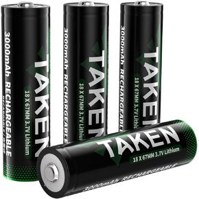 Taken 3.7 Volt 18650 Rechargeable Batteries 3000mAh Button Top High Capacity Lithium Ion Battery for Flashlight, Headlamp, Solar Wall Light, 4 Pack