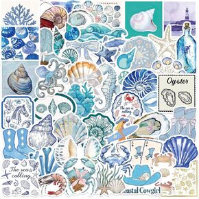 Beautiful Blue Coast Stickers Pack 50PCS Cute Cartoon Stickers for Kids Teens Adults, Glueewee Kawaii Ocean Stickers for Water Bottles Laptop Scrapbook Luggage Waterproof Decals