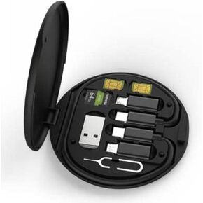 RainCloud Multi-Functional USB Adapter Cable Conversion Storage Box - USB Type C to Micro USB/Lightning/USB A Cable Convertor – Micro Sim Card & SD Card Slots – Eject Pin – Use as Phone Holder – Black