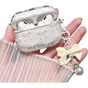 MINSCOSE Compatible with AirPods 4 Clear Case,Cute Bow Pattern Kawaii Ribbon Girly Design with Bow Pearl Keychain,Soft TPU Protective Shockproof Case for Women Girl for AirPods 4-Pink