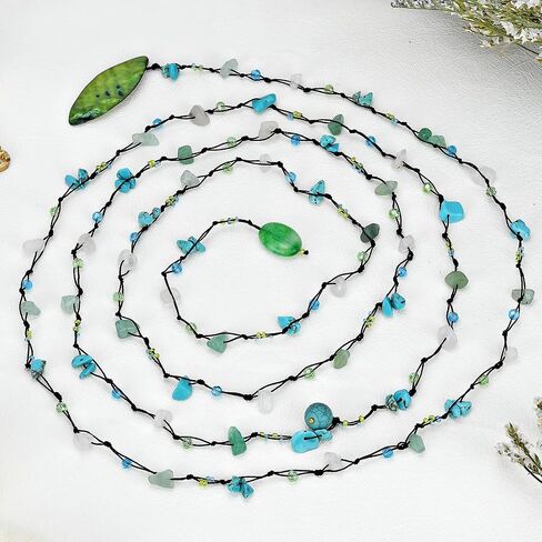AeraVida Trendy Wrap Around Layers of Simulated Blue Turquoise, Red Coral, And Mixed Stones on Cotton Rope Lariat Style Beaded Long Necklace | Colorful Necklaces for Women | Long Beaded Wrap Necklace in Saudi Arabia