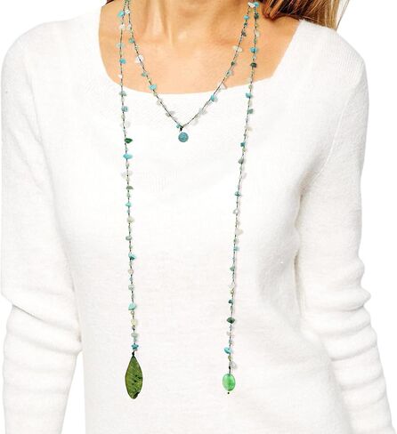 AeraVida Trendy Wrap Around Layers of Simulated Blue Turquoise, Red Coral, And Mixed Stones on Cotton Rope Lariat Style Beaded Long Necklace | Colorful Necklaces for Women | Long Beaded Wrap Necklace in Saudi Arabia