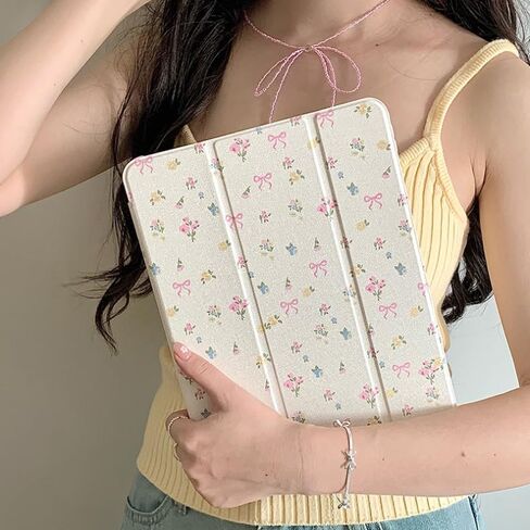 Triple Adjustable Kickstand Hard Folio Case for Apple iPad 10 10th Gen 10.9 inch 2022 Model Tablet Cream White Pink Bow Flowers Floral Refreshing Chic Delicate Cute Lovely Cartoon Girls Kids in Saudi Arabia