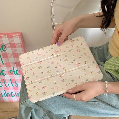 Triple Adjustable Kickstand Hard Folio Case for Apple iPad 10 10th Gen 10.9 inch 2022 Model Tablet Cream White Pink Bow Flowers Floral Refreshing Chic Delicate Cute Lovely Cartoon Girls Kids in Saudi Arabia