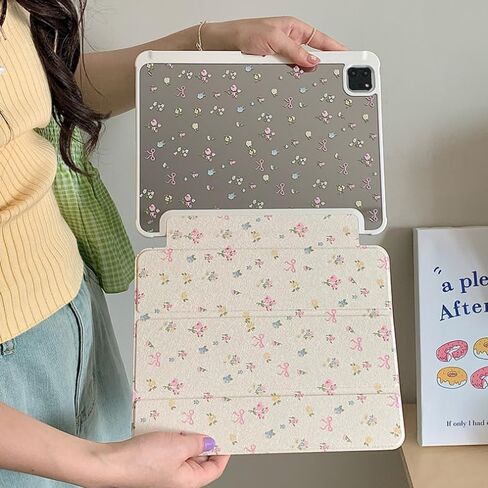 Triple Adjustable Kickstand Hard Folio Case for Apple iPad 10 10th Gen 10.9 inch 2022 Model Tablet Cream White Pink Bow Flowers Floral Refreshing Chic Delicate Cute Lovely Cartoon Girls Kids in Saudi Arabia