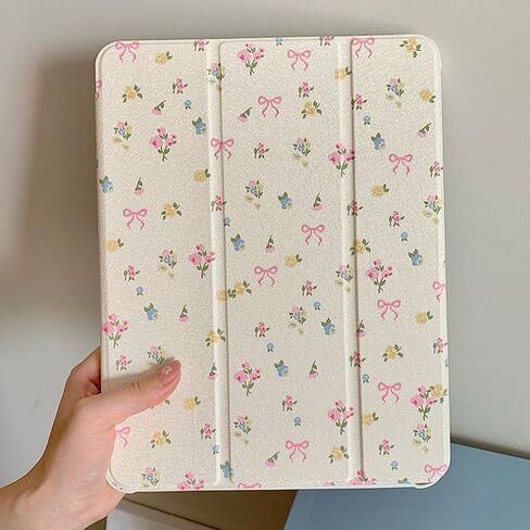Triple Adjustable Kickstand Hard Folio Case for Apple iPad 10 10th Gen 10.9 inch 2022 Model Tablet Cream White Pink Bow Flowers Floral Refreshing Chic Delicate Cute Lovely Cartoon Girls Kids in Saudi Arabia
