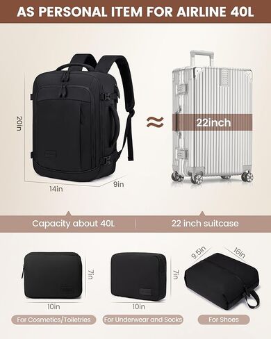 حقيبة تحمل سفر Lovevook للرجال ، 35L CARRE CARRAL BAG تناسب 15.6 "كمبيوتر محمول ، عنصر شخصي معتمد من الرحلة ، أمتعة مقاومة للماء للاستخدام اليومي في رحلة العمل في رحلة العمل UNI ، Black in Kuwait