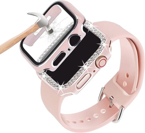 Compatible For Apple Watch Band With Case 38mm 40mm 41mm 42mm 44mm 45mm 46mm, Soft Silicone Waterproof Bands + Diamond and Screen Protector Case For iWatch Series 10 9 SE 8 7 6 5 4 3 2 1 in Saudi Arabia