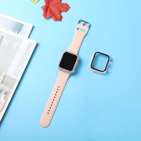 Compatible For Apple Watch Band With Case 38mm 40mm 41mm 42mm 44mm 45mm 46mm, Soft Silicone Waterproof Bands + Diamond and Screen Protector Case For iWatch Series 10 9 SE 8 7 6 5 4 3 2 1 in Saudi Arabia