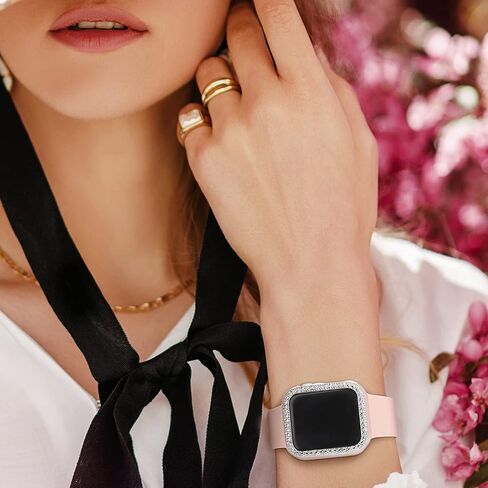 Compatible For Apple Watch Band With Case 38mm 40mm 41mm 42mm 44mm 45mm 46mm, Soft Silicone Waterproof Bands + Diamond and Screen Protector Case For iWatch Series 10 9 SE 8 7 6 5 4 3 2 1 in Saudi Arabia