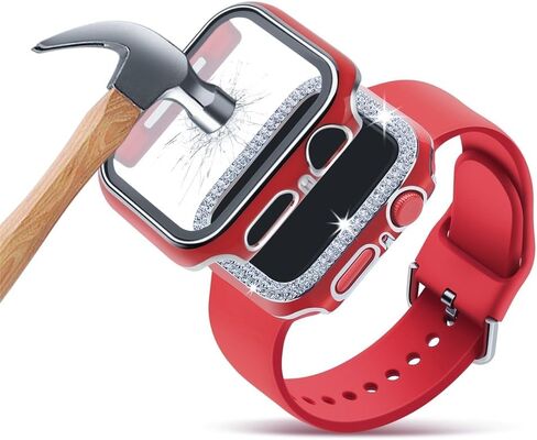 Compatible For Apple Watch Band With Case 38mm 40mm 41mm 42mm 44mm 45mm 46mm, Soft Silicone Waterproof Bands + Diamond and Screen Protector Case For iWatch Series 10 9 SE 8 7 6 5 4 3 2 1 in Saudi Arabia