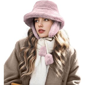 Clakllie Winter Bucket Hat with Earflaps Fuzzy Fishing Hat Warm Beach Sun Hat Wide Brim Fisherman Cap for Women Travel Hat