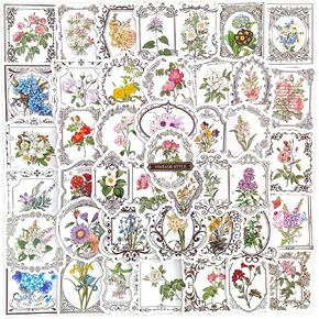 Vintage Floral Stickers Aesthetic - 50 Pcs Waterproof Vinyl Frame Flower Stickers for Scrapbooking, Water Bottle, Laptop, Journal - Pretty Garden Crafts Stickers for Adults, Women & Girls