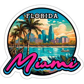 Miami Florida Sticker Travel Outdoors Decal Vinyl Small Waterproof for Water Bottle Mug Passport Scrapbook Notebook Laptop Tumbler Skateboard Computer Phone, Size 4″×4″ Funny Gift