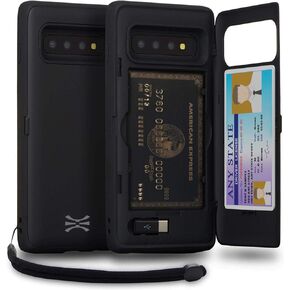 TORU CX PRO Case for Galaxy S10, with Card Holder | Slim Protective Cover with Hidden Credit Cards Wallet Flip Slot Compartment Kickstand | Include Mirror, Strap, USB Adapter - Black