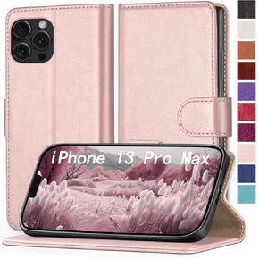 for iPhone 13 Pro Max 6.7" Phone case[RFID Blocking Leather],[3 Credit Card Slot] Flip Folio Book Shockproof Protector,Holder Stand Cases,Women Men for Apple 13 ProMax Wallet Cover,Rose Gold