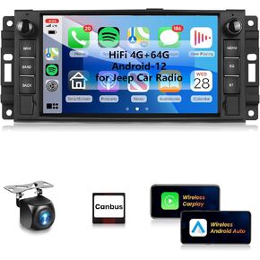 【HiFi 4G+64G】 Radio for Jeep Wrangler JK 2008-2012 Compass Grand Cherokee Dodge Ram Car Stereo with HD IPS Touchscreen /5.0Bluetooth/DAB+/Wireless Carplay/Android Auto/GPS/WiFi/FM/RDS/Backup Camera