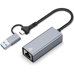 2-in-1 USB C to Ethernet Adapter with USB A 3.0 Port – Gigabit RJ45 Converter, Plug & Play, 1Gbps Wired Internet + 5Gbps Data Transfer, Compatible with MacBook, iPad Pro, Windows,