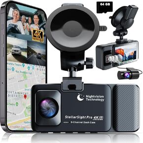 Premium Dash Cam Front Rear Interior Triple Camera, 4K Ultra HD, Camara para Carro – Ideal for Drivers, Rideshare & Delivery, Free 64GB SD Card, Night Vision, WDR, Wide Angle, Parking Monitor, Wi-Fi
