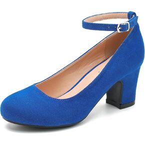 Women's Ankle Strap Low Block Chunky Heels Pumps Closed Round Toe Dress Wedding Office Work Shoes