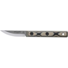 Tops Knives Wood Nymph Full Tang Fixed Blade- Tumble Finish- Brown Leather Sheath w Belt Loop (Tan/Black G10 Handle)