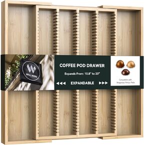 Larger Expandable Bamboo Organizer Holder for Counter Drawer Insert - Compatible with Nespresso Vertuo Capsules - Tea Bags Storage (Natural)