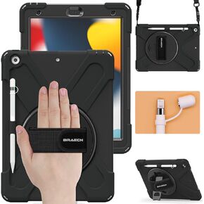 BRAECN for iPad Case 9th/8th/7th Generation, 10.2 Inch iPad Case with Hand Strap, Dropproof Kids Case with Kickstand, Shoulder Strap, Pencil Holder, Pencil Cap for 2021/2020/2019 10.2" iPad(Black)